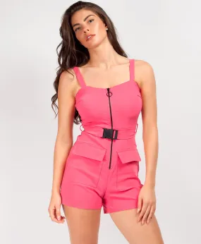 Neon Pink Utility Belt Zip Up Playsuit