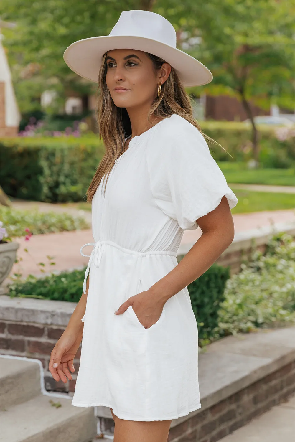 White Drawstring Shirt Dress