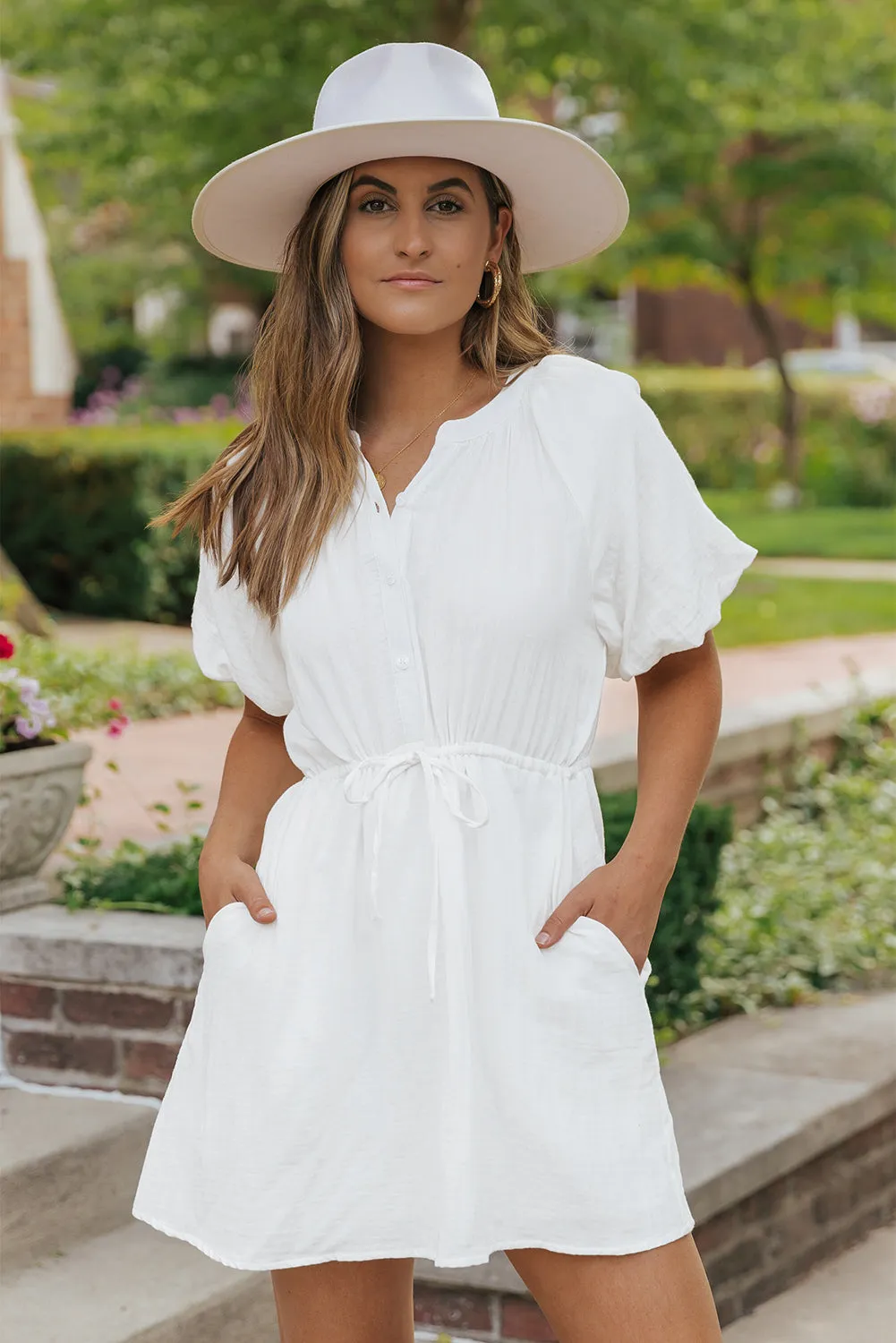 White Drawstring Shirt Dress