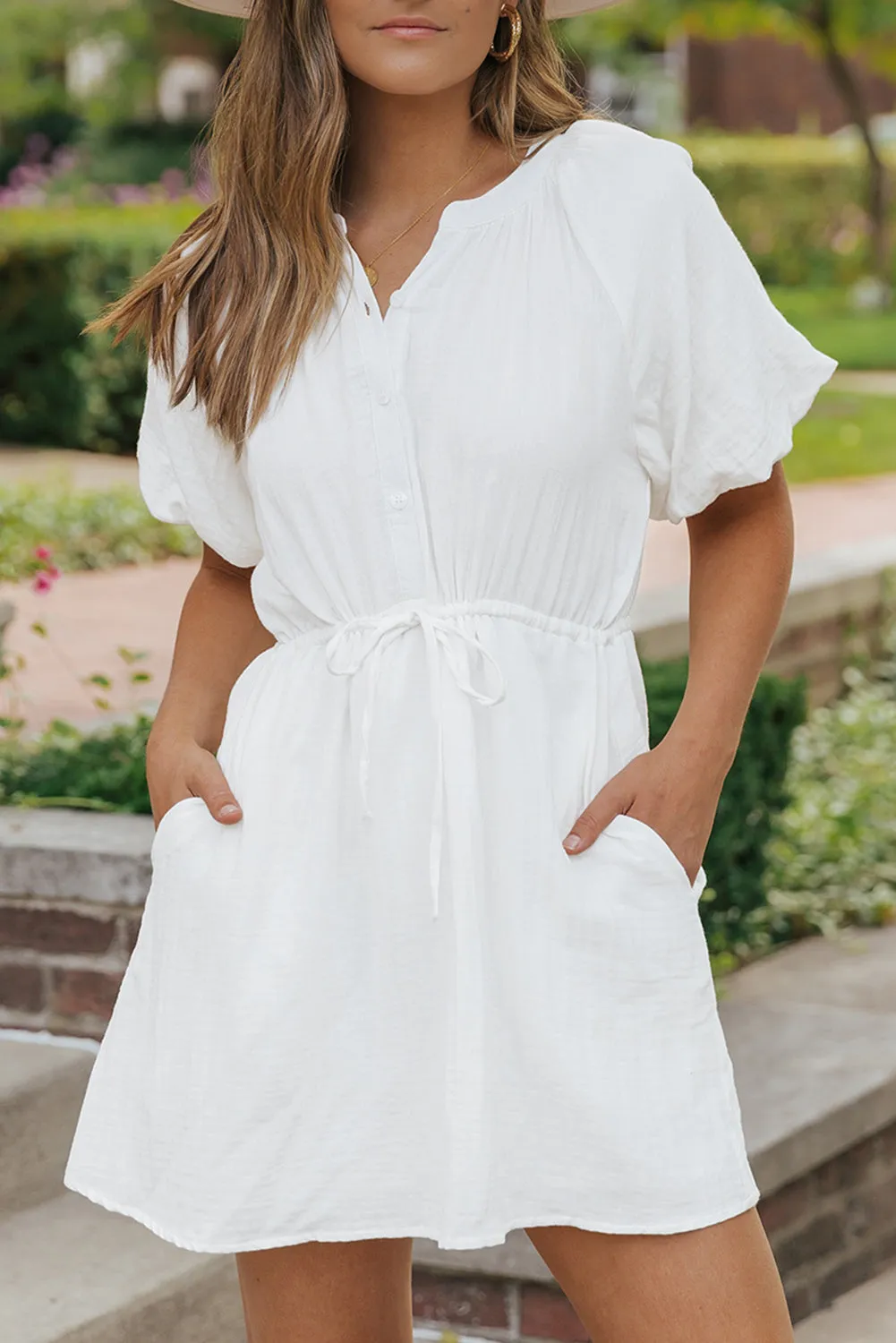 White Drawstring Shirt Dress