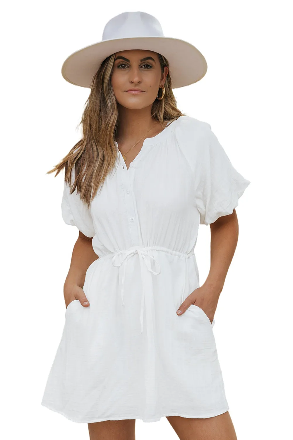 White Drawstring Shirt Dress